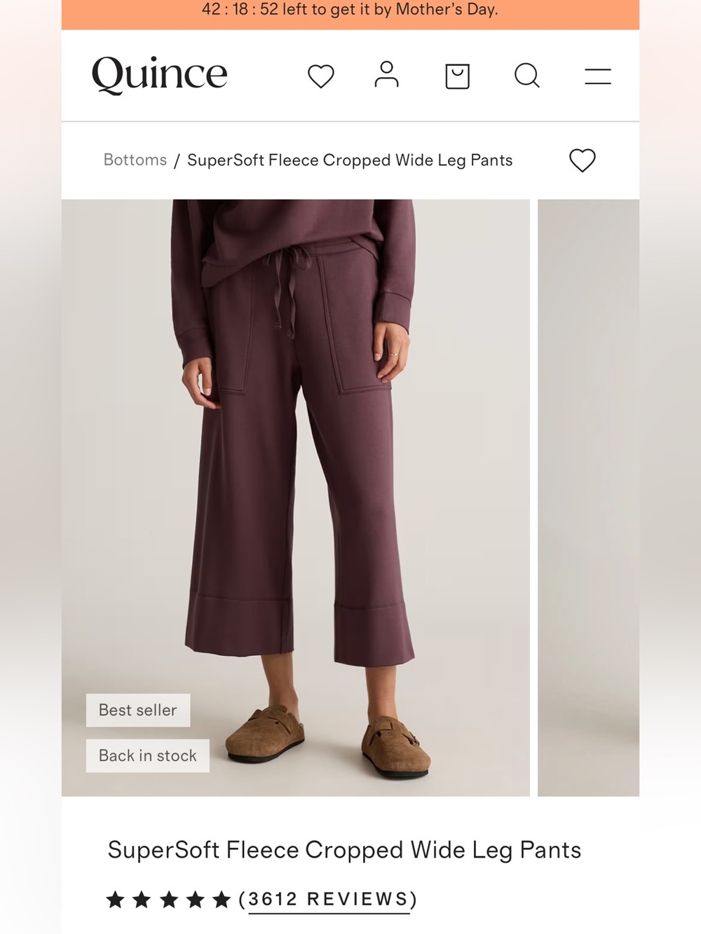 Quince SuperSoft Fleece Cropped Wide-Leg Pants - Plum